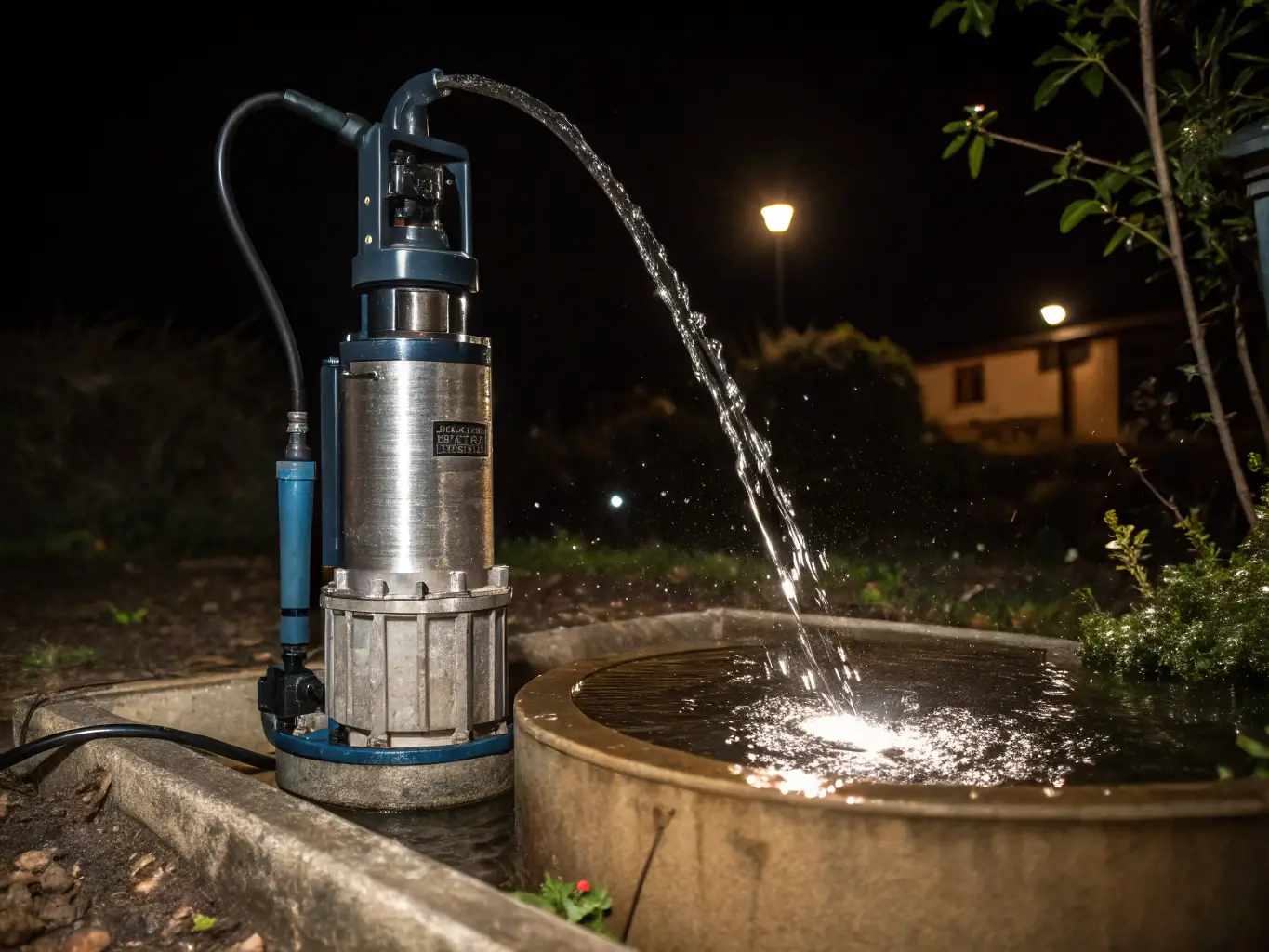 A detailed close-up shot of a 4-inch electric submersible pump, showcasing its stainless steel construction and robust design, set against a blurred background of a water well installation.