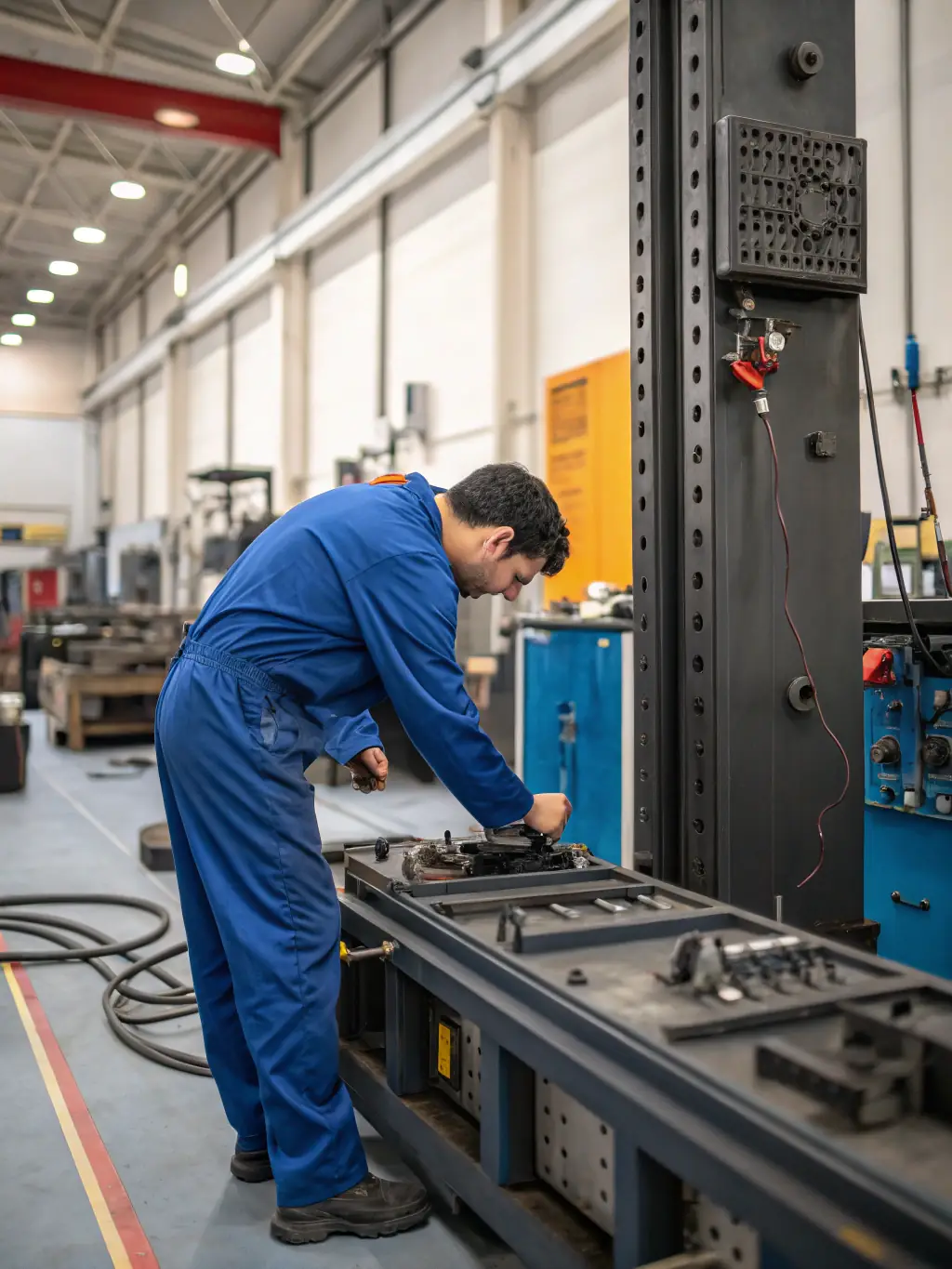 A photo of an AquaRidge technician using specialized equipment to repair a stainless steel hydraulic component, showcasing the precision and expertise involved.