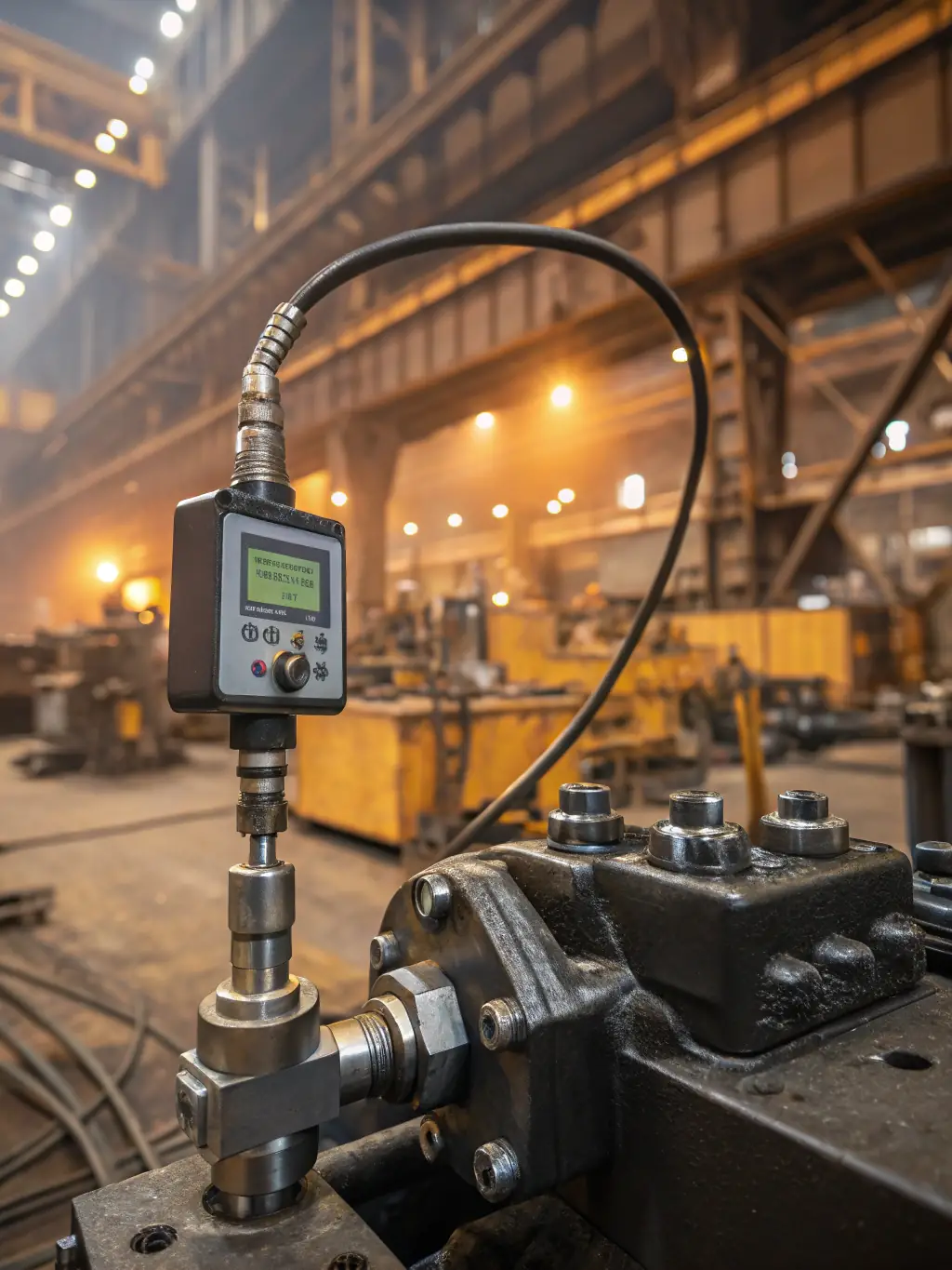 A close-up image of an AquaRidge industrial control sensor installed on a stainless steel hydraulic system, highlighting the sensor's compact design and precision engineering in a modern factory setting.