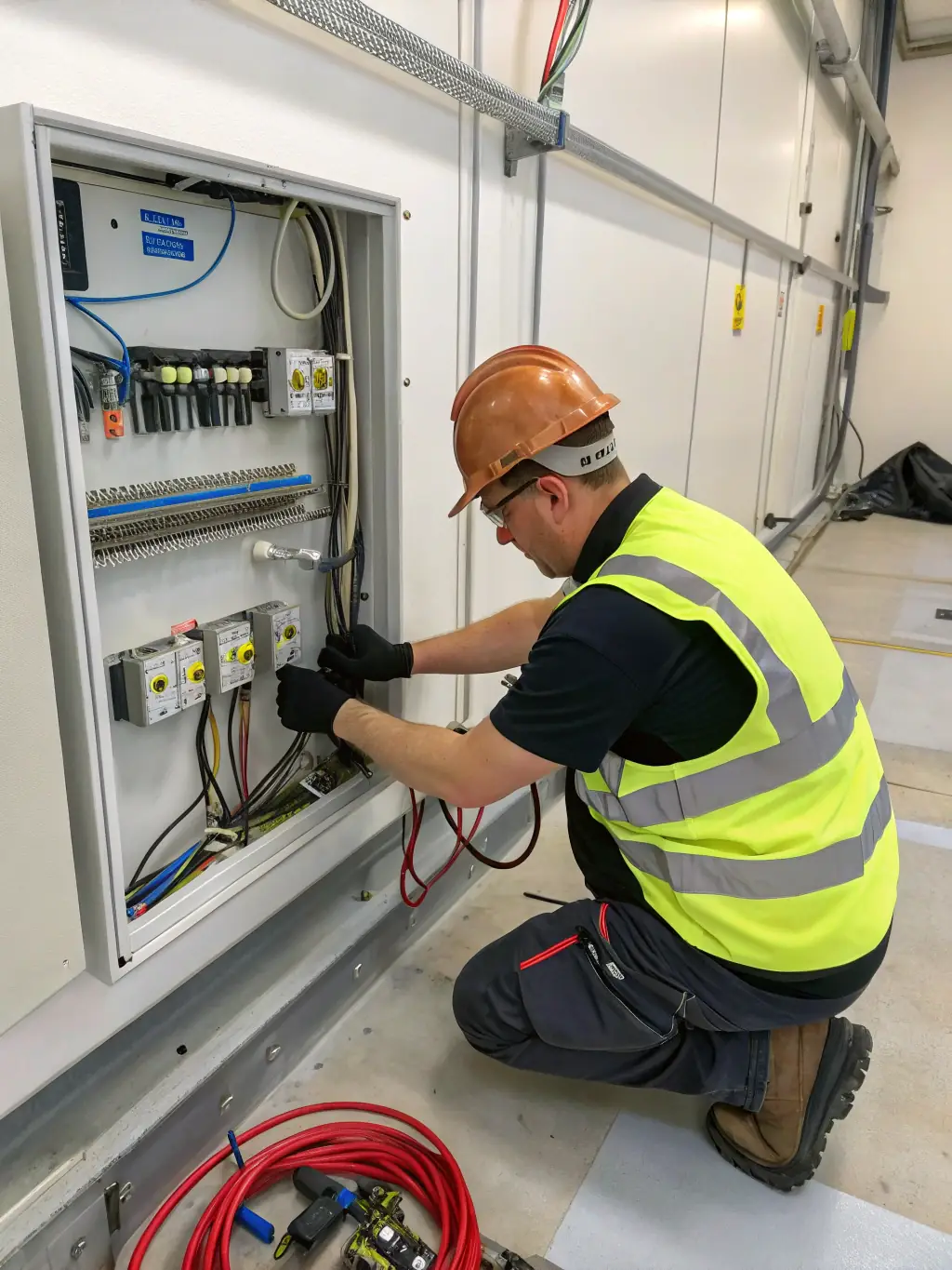 A technician seamlessly integrating an AquaRidge sensor into a control panel, with clear wiring and digital interface, demonstrating easy compatibility with existing industrial systems.