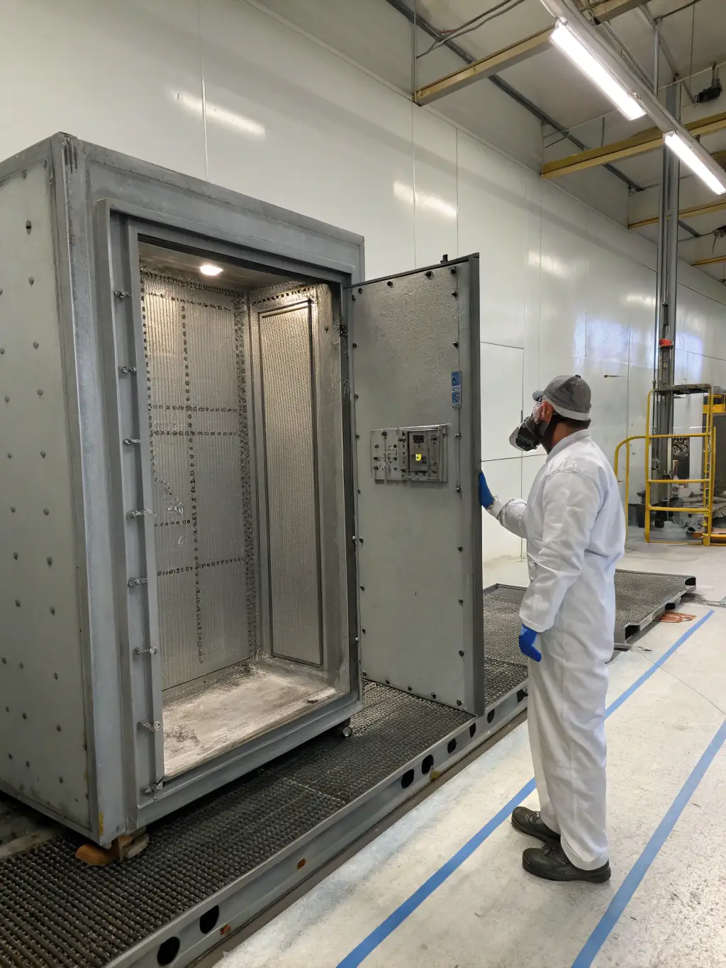 A ruggedized sensor unit undergoing a water spray durability test, with droplets beading off its corrosion-resistant stainless steel housing, set against a background of industrial machinery.